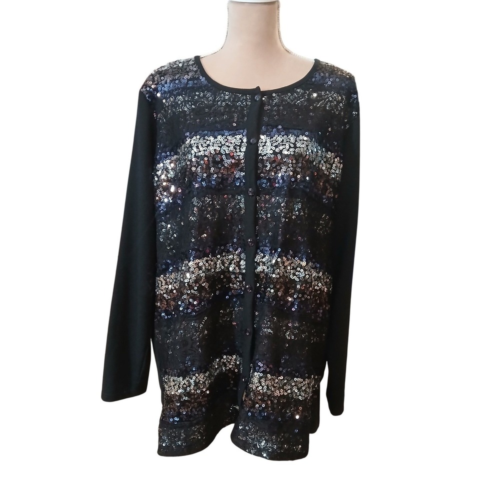Quaker Factory Womens 2X Black Sequins Lace Cardigan Sweater Top Striped